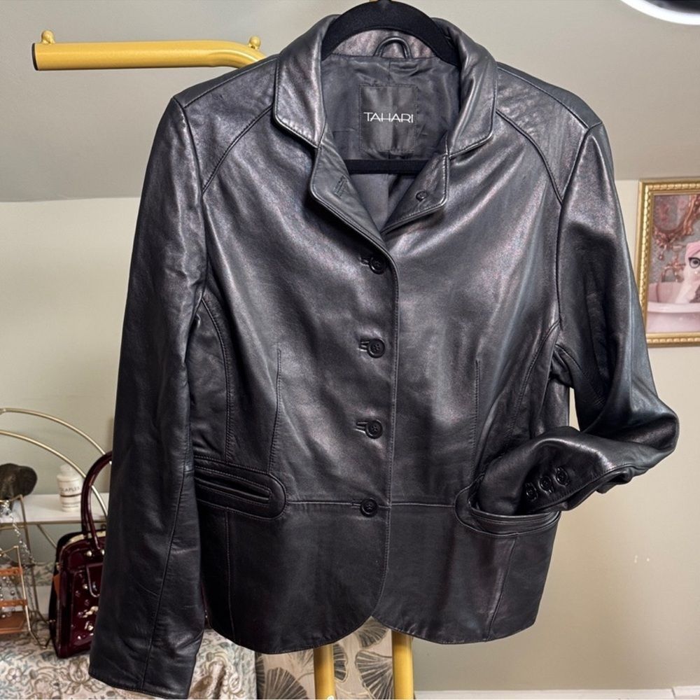 Tahari Women's Sleek Black Leather Jacket.
